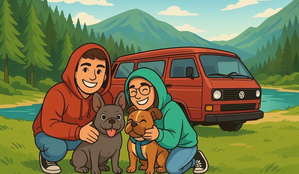 foto di due ragazzi in viaggio con due cani e un van